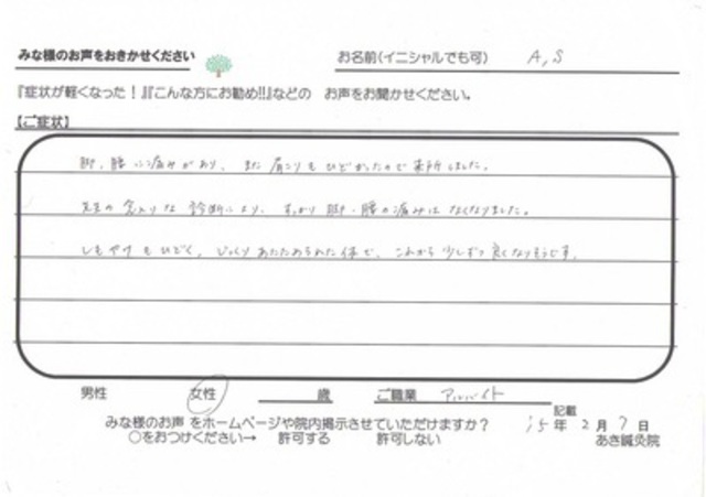 患者様のお声(初診依頼達成)(肩、腰、脚の痛み+しもやけ)